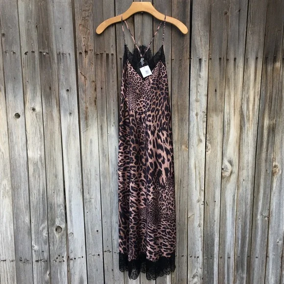 NWT All Saints Tigi Kiku Leopard Print Midi Slipdress Brown Black